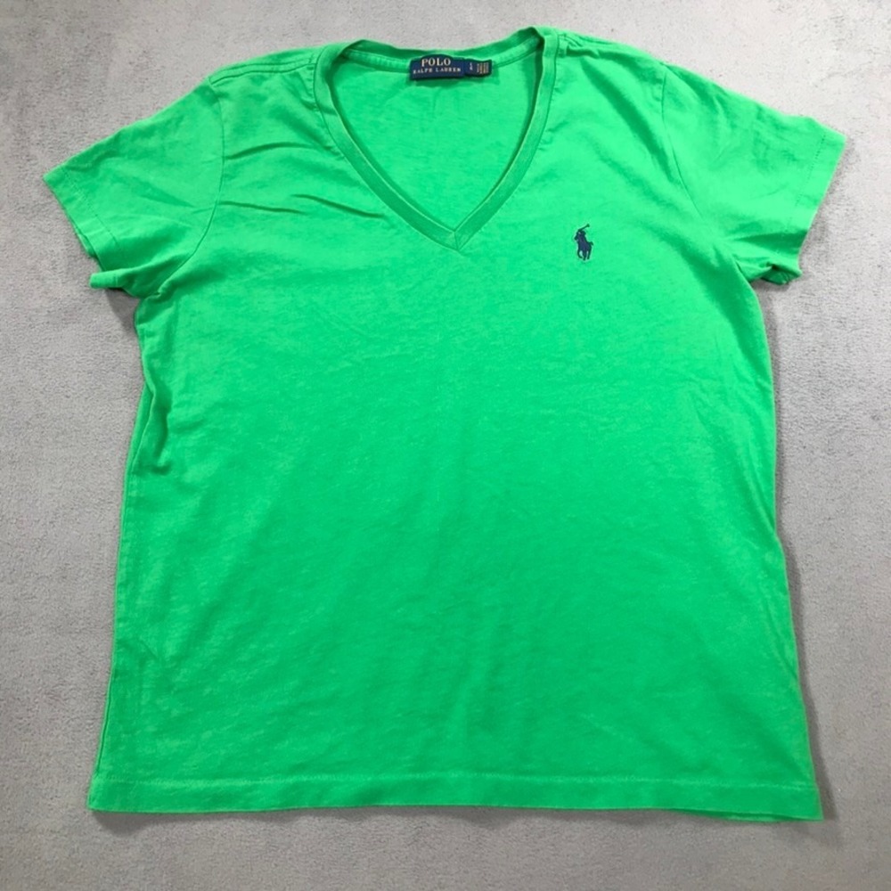 Polo Ralph Lauren T-Shirt Womens Large Slim Green V-Neck Short Sleeve Pony